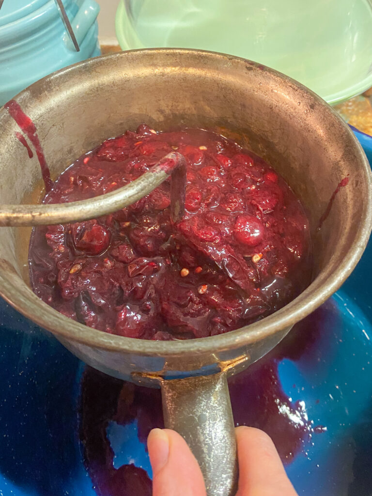 Using a food mill to juice the fox grapes for jelly