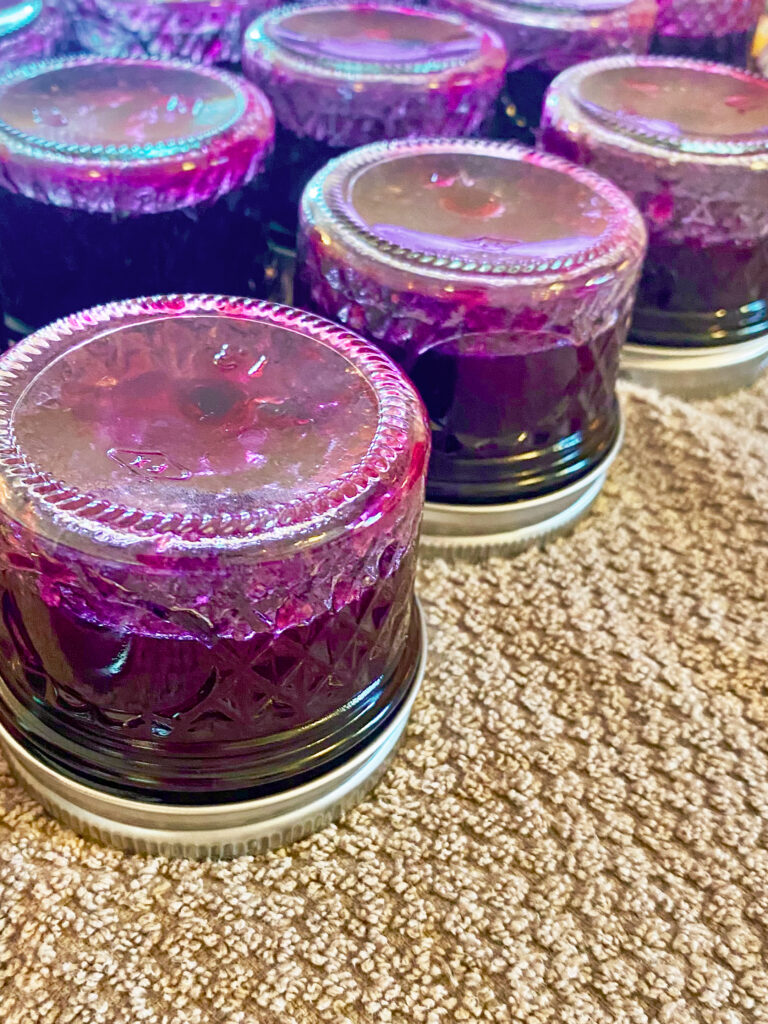 Upside down fox grape jelly jars